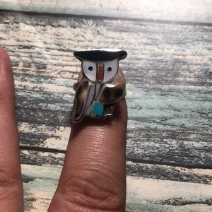 Handmade Zuni sterling silver Mop Inlay boho owl ring size 5